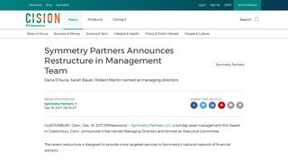 Symmetry Partners Announces Restructure in Management Team