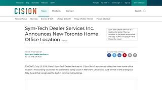 Sym-Tech Dealer Services Inc. Announces New Toronto Home Office ...