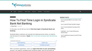 How To First Time Login in Syndicate Bank Net Banking - AllDigitalTricks