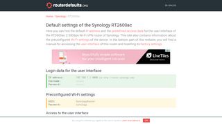 Default settings of the Synology RT2600ac - routerdefaults.org