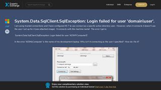 System.Data.SqlClient.SqlException: Login failed for user 'domainuser'.