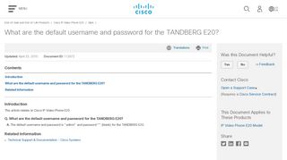 What are the default username and password for the TANDBERG E20 ...