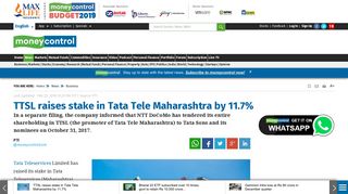 TTSL raises stake in Tata Tele Maharashtra by 11.7% - Moneycontrol ...