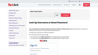 Look Up Username or Reset Password - TaxAct