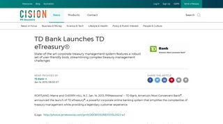 TD Bank Launches TD eTreasury® - PR Newswire