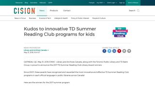 Kudos to innovative TD Summer Reading Club ... - Canada Newswire