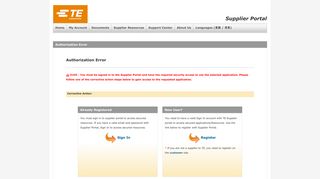 Authorization Error Authorization Error - Supplier Portal - TE Connectivity