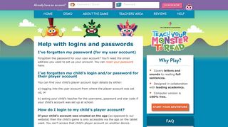Help with logins and passwords - Teach Your Monster to Read