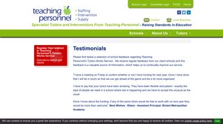 School Testimonials About Our Tutor Service - Teaching Personnel