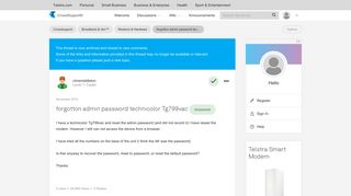 Solved: forgotton admin password technicolor Tg799vac - Telstra ...