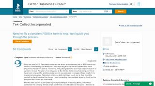 Tek-Collect Incorporated | Complaints | Better Business Bureau® Profile