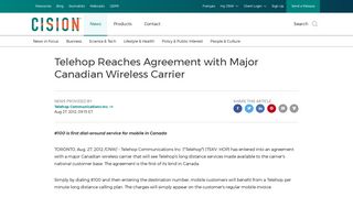 Telehop Reaches Agreement with Major Canadian Wireless Carrier