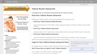 Telkom Router Passwords - Port Forward