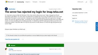 The server has rejected my login for imap.telus.net - Microsoft ...