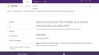 Service terms for the mobile and home services bonus data offer - Telus