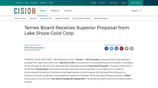 Temex Board Receives Superior Proposal from Lake Shore Gold Corp.