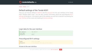 Default settings of the Tenda N301 - routerdefaults.org