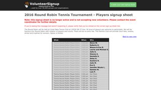 2016 Round Robin Tennis Tournament - Players signup sheet
