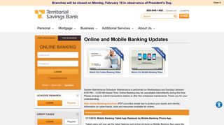 Online and Mobile Banking Updates | Territorial Savings Bank