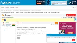 ASP.Net MVC Error: Cannot open database Login failed for user NT ...