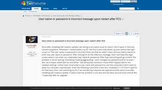 User name or password is incorrect message upon restart after FCU ...