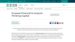 Purpose Financial to Acquire Thinking Capital - Canada NewsWire
