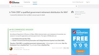 Is TIAA-CREF a qualified government retirement distribution for MA ...