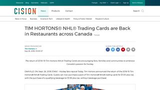 TIM HORTONS® NHL® Trading Cards are Back in Restaurants across ...