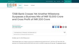 TJSB Bank Crosses Yet Another Milestone; Surpasses a Business Mix ...