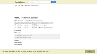 HTML Trademark Symbol Code ( ) - RapidTables.com