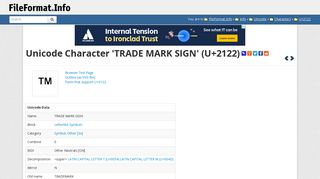 Unicode Character 'TRADE MARK SIGN' (U+2122) - FileFormat.Info