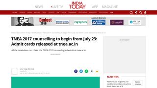 TNEA 2017 counselling to begin from July 23: Admit cards released at ...