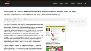 Togetherville(TM) Launches New Social Website With Safe Online ...