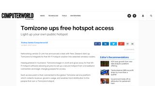 Tomizone ups free hotspot access - Computerworld