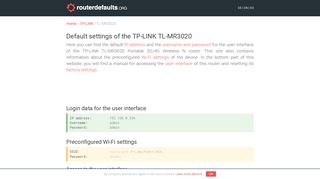 Default settings of the TP-LINK TL-MR3020 - routerdefaults.org
