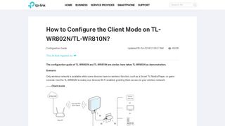 How to Configure the Client Mode on TL-WR802N/TL ... - TP-Link