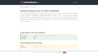 Default settings of the TP-LINK TL-WR802N - routerdefaults.org