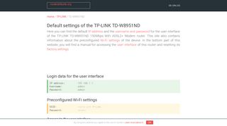 Default settings of the TP-LINK TD-W8951ND - routerdefaults.org