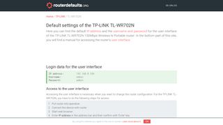 Default settings of the TP-LINK TL-WR702N - routerdefaults.org