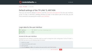 Default settings of the TP-LINK TL-WR740N - routerdefaults.org