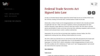 Federal Trade Secrets Act Signed into Law | Law Bulletins | Taft ...