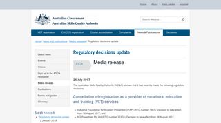 Regulatory decisions update | Australian Skills Quality Authority