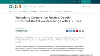 Transdyne Corporation Reveals Deadly Ultraviolet Radiation ...