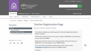School Curriculum and Standards Authority | Teacher Registration Page