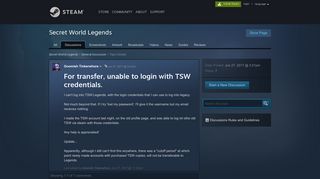 For transfer, unable to login with TSW credentials. :: Secret World ...