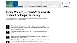 Trinity Western University's community covenant no longer mandatory ...