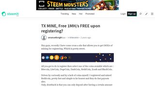 TX MINE, Free 1MH/s FREE upon registering? — Steemit