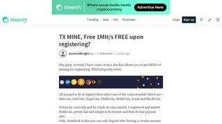 TX MINE, Free 1MH/s FREE upon registering? — Steemit