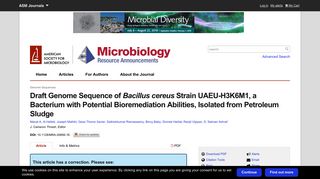 Draft Genome Sequence of Bacillus cereus Strain UAEU-H3K6M1, a ...