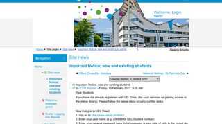 UEL Site: Important Notice; new and existing students